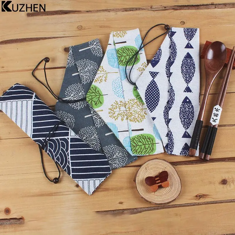 Portable Cutlery Bag Print Reusable Drink Straws Chopsticks Cutlery Bag Drawstring Bag Spoon Fork Cutlery Bag