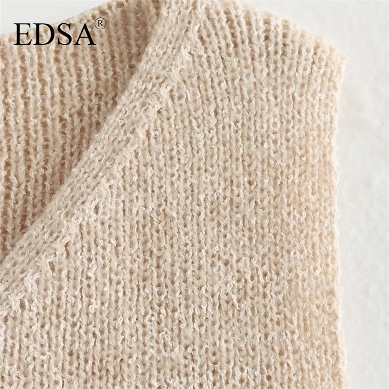 EDSA Women Fashion Beige Single Breasted Knitted Vest Tank Tops Vintage V-Neck Sleeveless Female Chic Lady Top