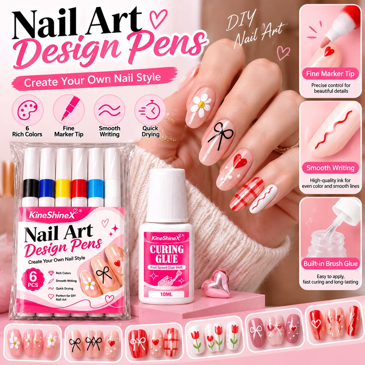 KineShineX 6 Colors Nail Art Pen Set Smooth Ink Flow Quick-Drying Smudge-Proof Acrylic Painting Marker Pen DIY Nail Decoration