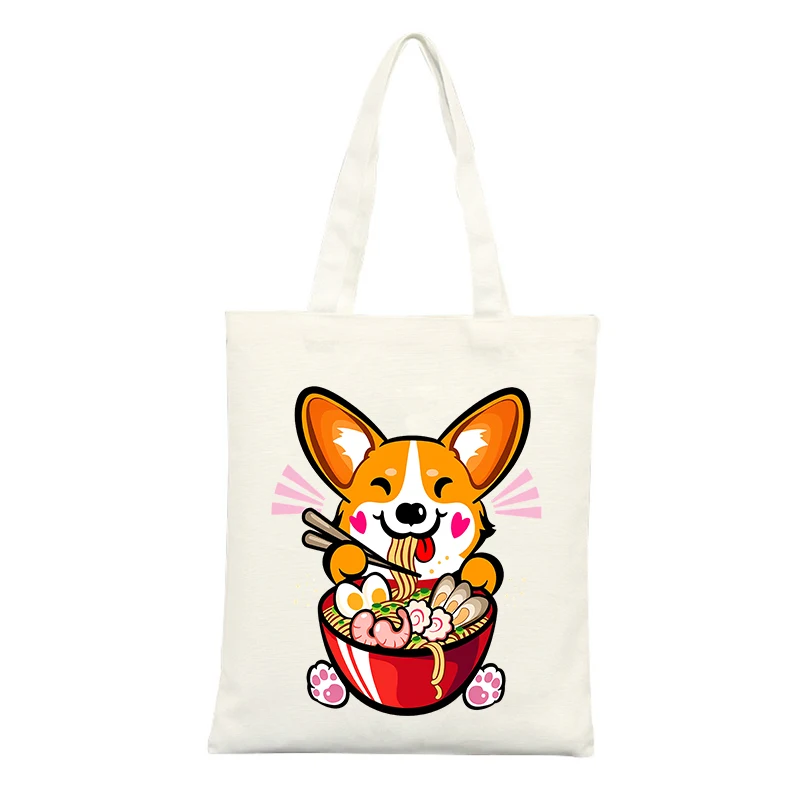 Canvas Tote Bag with Cute Corgi Eating Ramen Graphic, Casual Style for Daily Shopping and Outings