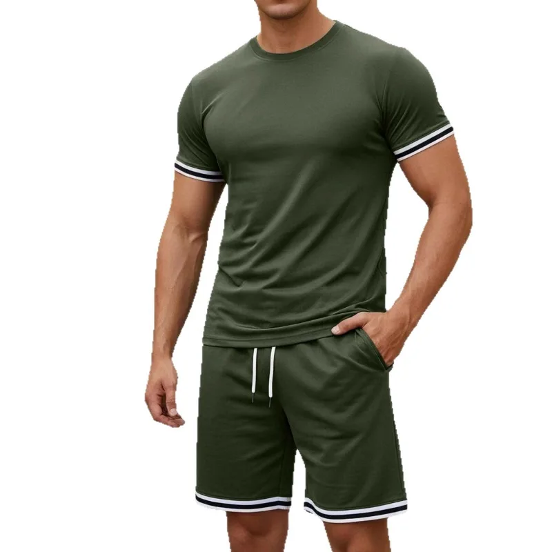 

2025 Мужской свободный костюм, круглый топ с короткими рукавами и шорты, универсальный комплект из двух предметов для спорта и отдыха