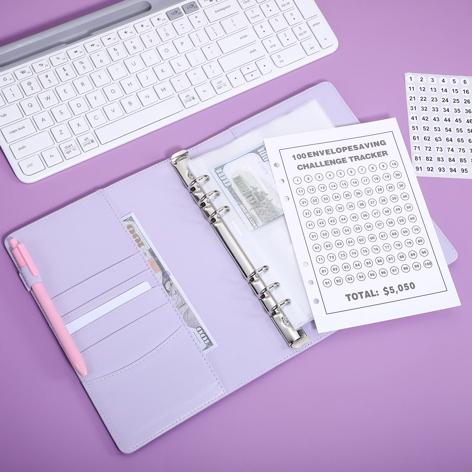 

Saving Challenge Book Purple Elastic Closure 25 Pages Sticker Money ganizer Planner Budget Binder Envelopes Notebook