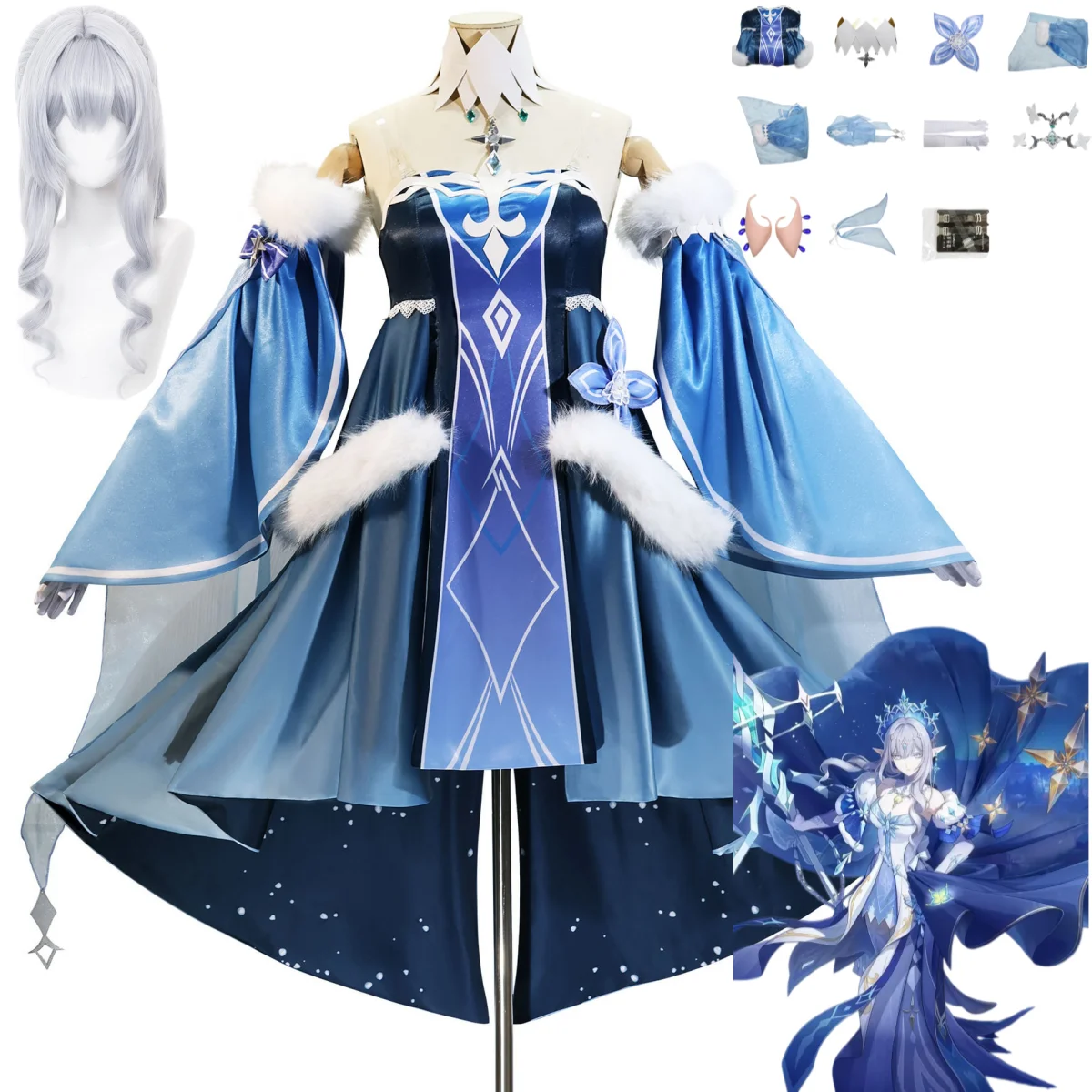 Disfraz de Cosplay de la Reina de Hielo Anastasya Feodorovna de la serie Anime Game, Vestido con Hombros Descubiertos, Tocado, Peluca, Traje Sexy para Fiesta de Mujer