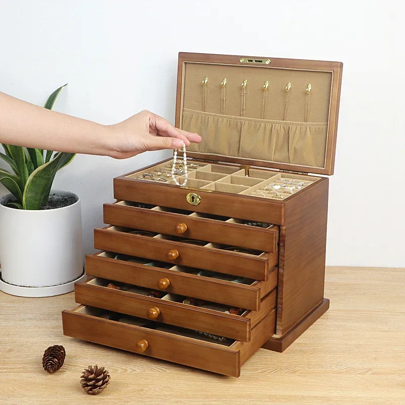 

Retro Solid Wood Jewelry Box Large Capacity Storage Box with Lock Chinese Style Necklace Organizer Exquisite Craftsmanship