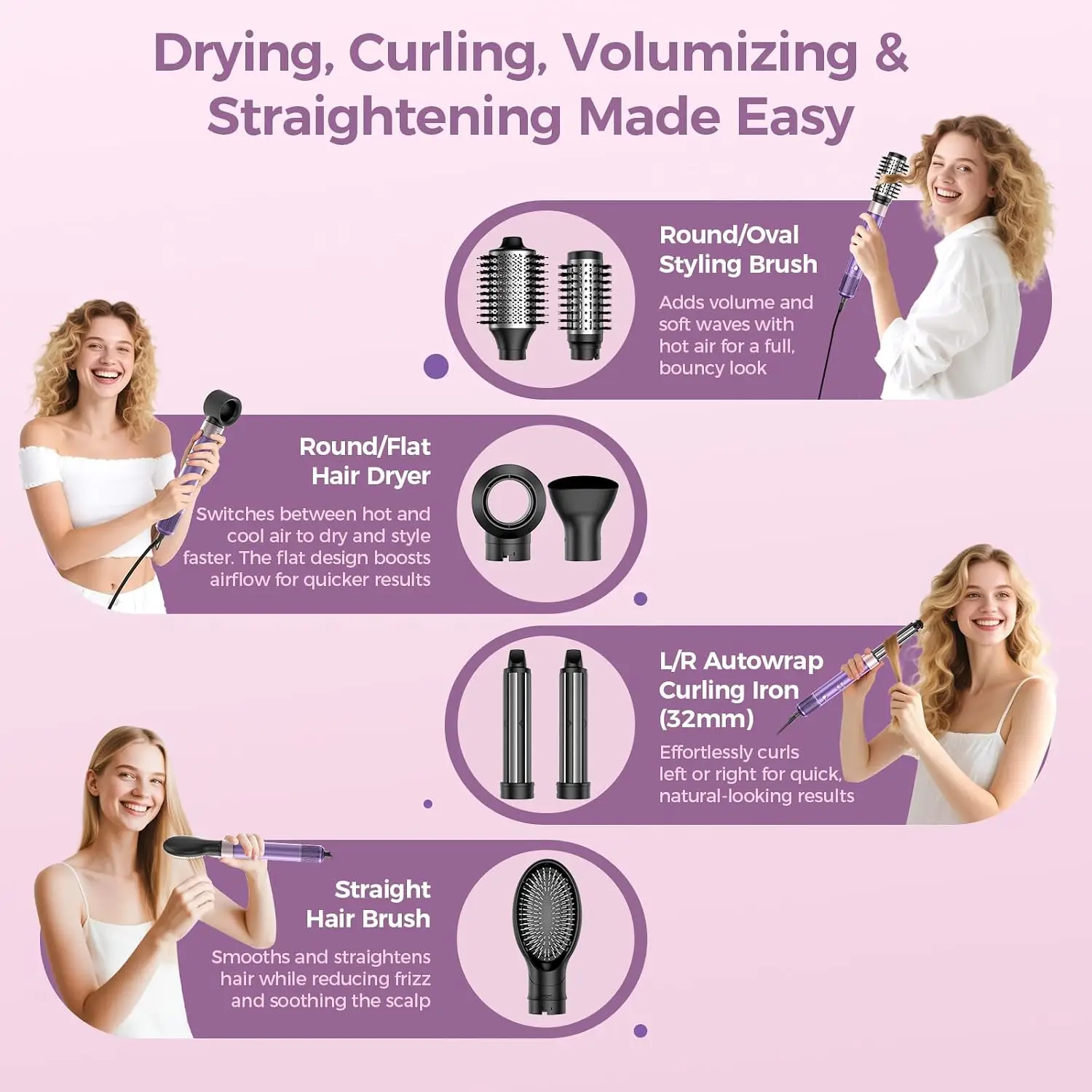 7 In 1 Blow Dryer Brush Set Multi Hot Air Styler Lilac Fast Drying Volumizing Straightening Negative Ions Auto Wrap Curlers No H