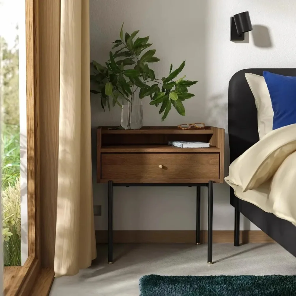 nordic furniture Brown walnut wood bedside table grain drawers Storage Comfortable bedroom side table lounge Home mesa de noche