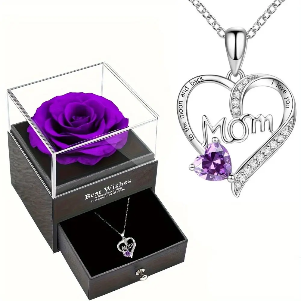 

"MOM I Love You" Heart Pendant with Artificial Rose Unique Flower Gift Box Romantic Jewelry Gift Box Mother's Day Anniversary