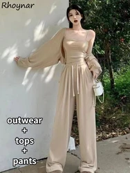 3 Piece Sets Women Pants Crop Tops Sunscreen Outwear Pure Minimalist Sporty Korean New Fashion Streetwear Temper Summer Clothing