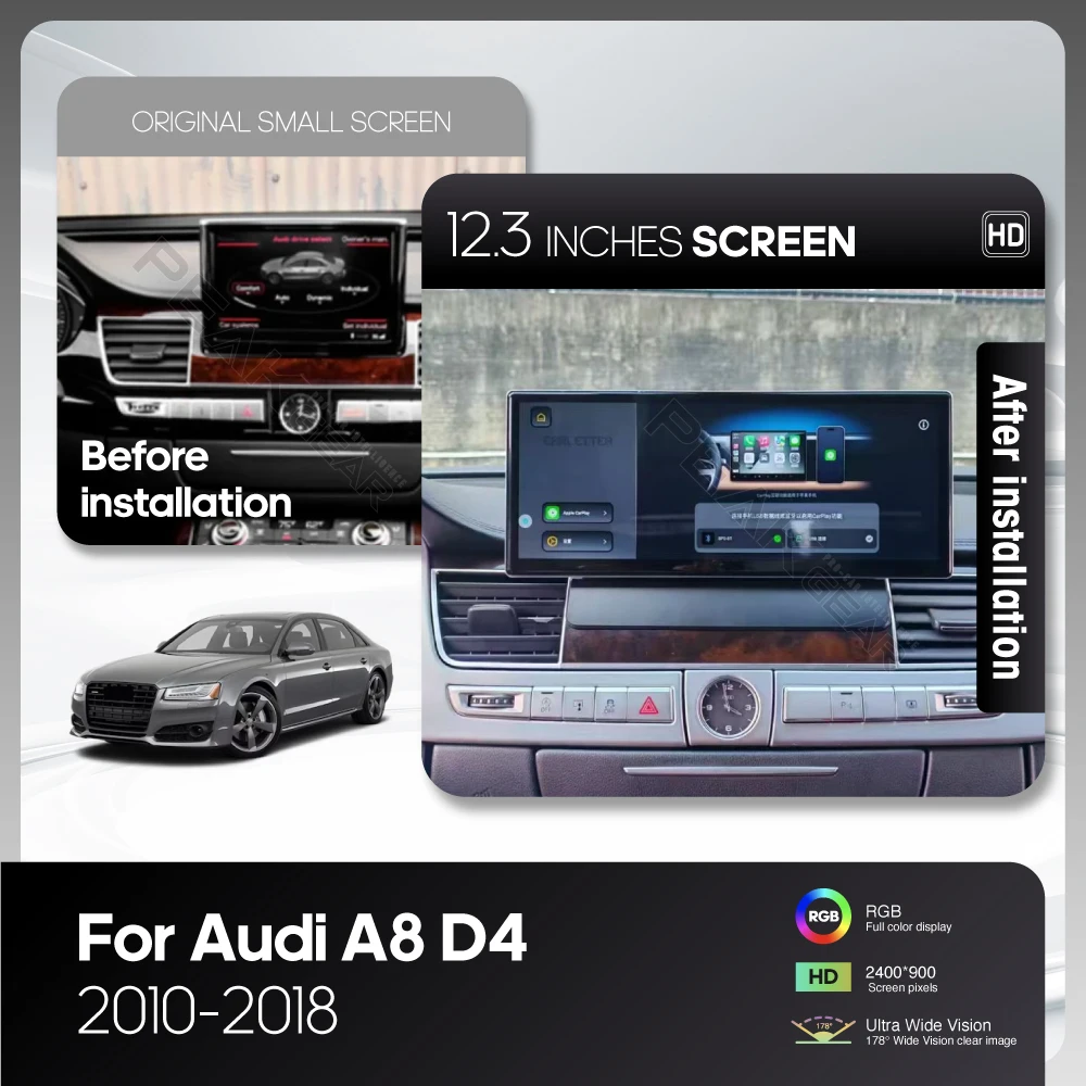 Android 15 For Audi A8 D4 2010-2018 Upgrades 12.3inch Car Multimedia Video Player GPS Navigation Carplay 4G WiFi 360 Camera