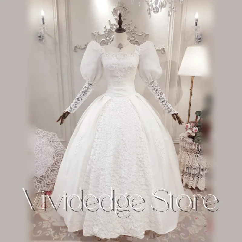 Victorian Vintage Wedding Dresses Square Neck Long Sleeve Beaded A-Line Pleated Lace Appliques Bridal Gowns Customized