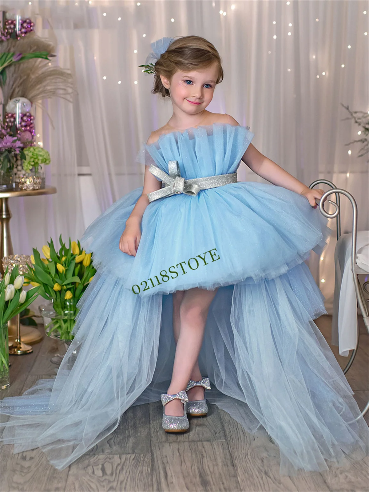 Robe de princesse bouffante en tulle bleu pour filles, jolie robe de bébé fille, robe d'anniversaire, robe de demoiselle d'honneur, robe de soirée de mariage