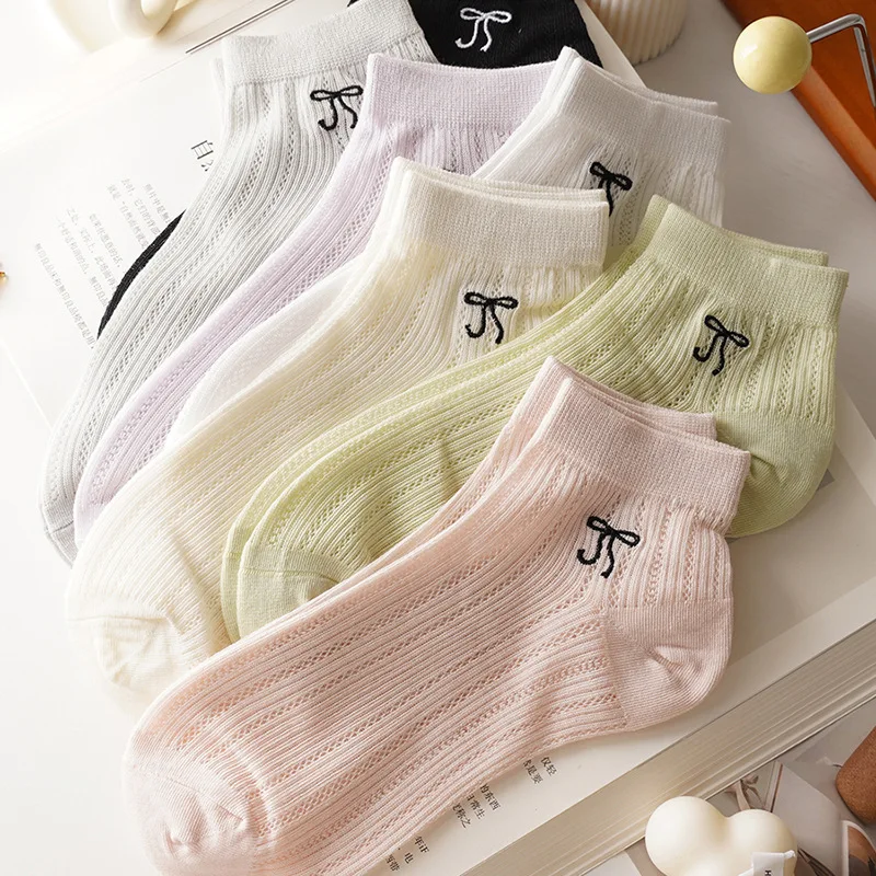 

Korean Hollowed Out Breathable Short Socks For Women Thin Bow Printed Cute Short Socks Summer Mesh Casual Fashion Daily Sock