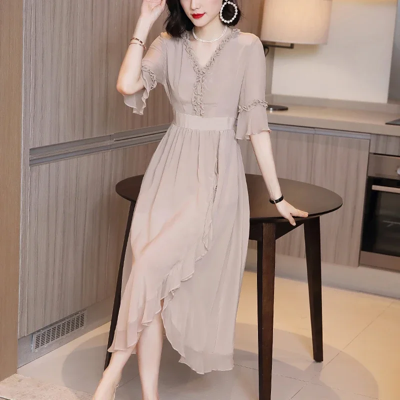 

High Quality 100% Silk Dress Female Summer Dress 2024 Black Elegant Midi Dresses For Women Casual Vestido De Mujer Pph3864