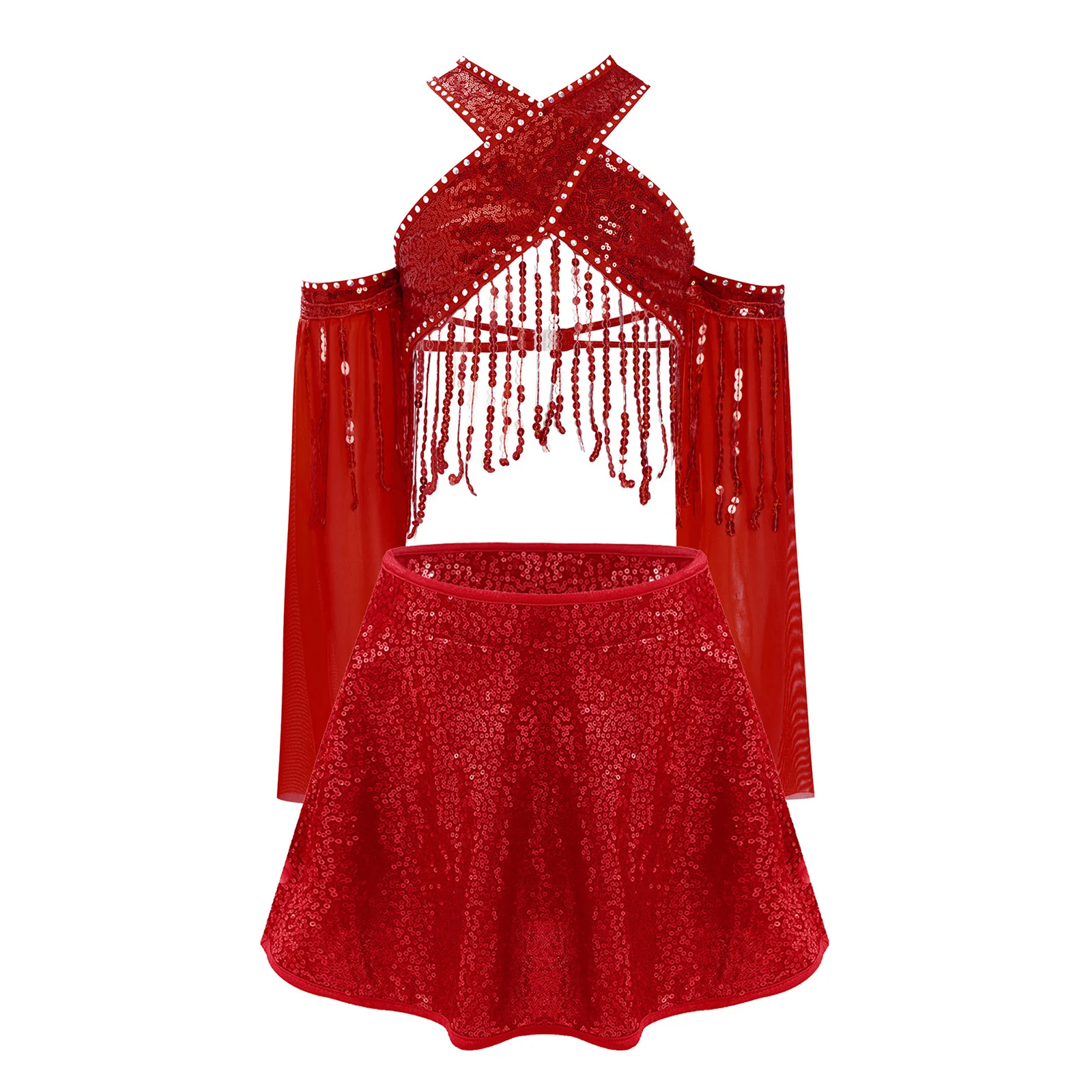 

Kids Girls Jazz Latin Dance Outfit Sheer Mesh Flared Sleeves Sparkling Sequins Tassels Crop Top+Skirts 2Pcs Performance Costume