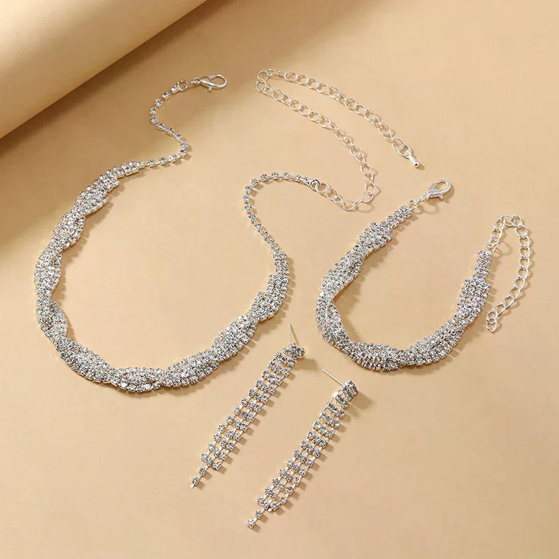 4Pcs Fashion Women's Jewelry Set Claw Chain Shiny Rhinestone Necklace Earrings Bracelet Bride Wedding Party Accessories
