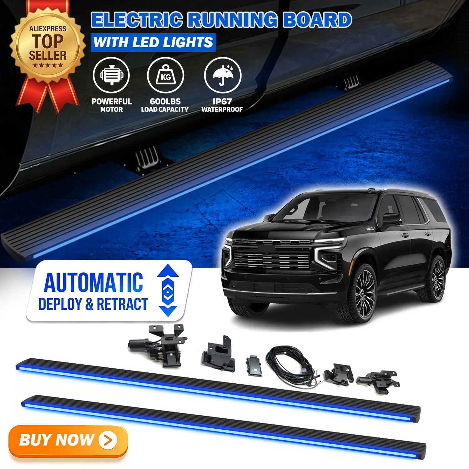 Fits For Chevy Tahoe 2020-2026 Deployable Power Electric Running Boards with LED Light Strips Side Step Nerf Bars