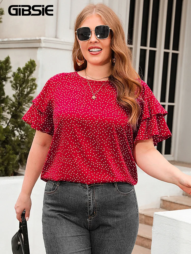 GIBSIE Plus Size Polka Dot O-Neck Layered Butterfly Sleeve Blouse Women Boho Fashion Summer Sweet Loose Casual Tops Blouses