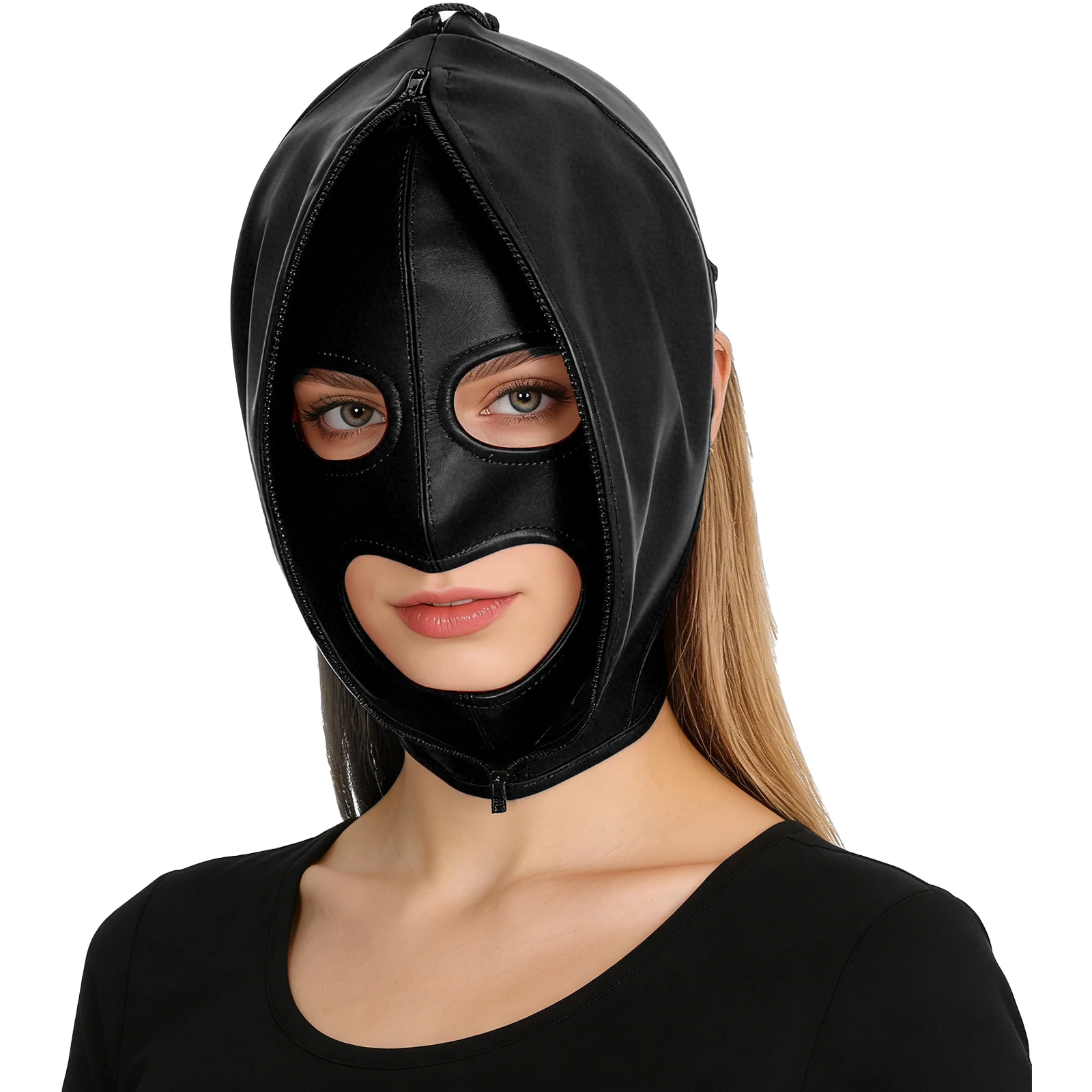 1Pc Full Face Double Layer Headgear Masks Restraint Head Hood Back Adjustable Lace-Up Design Leather Bondage Masks Cosplay Wear