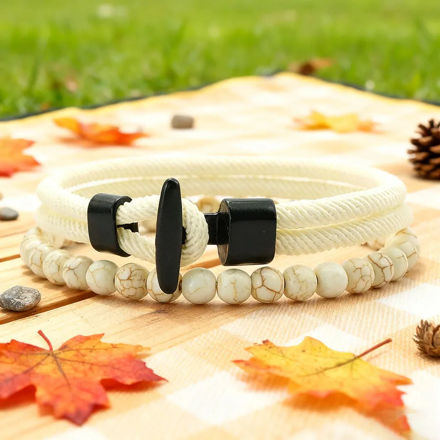 Fashion 2Pcs/Set Anchor Beaded Bracelet Men Hadnmade Bilayer String 6mm Stone Beads Braslet Outdoor Camping Casual Homme Jewelry - view 4