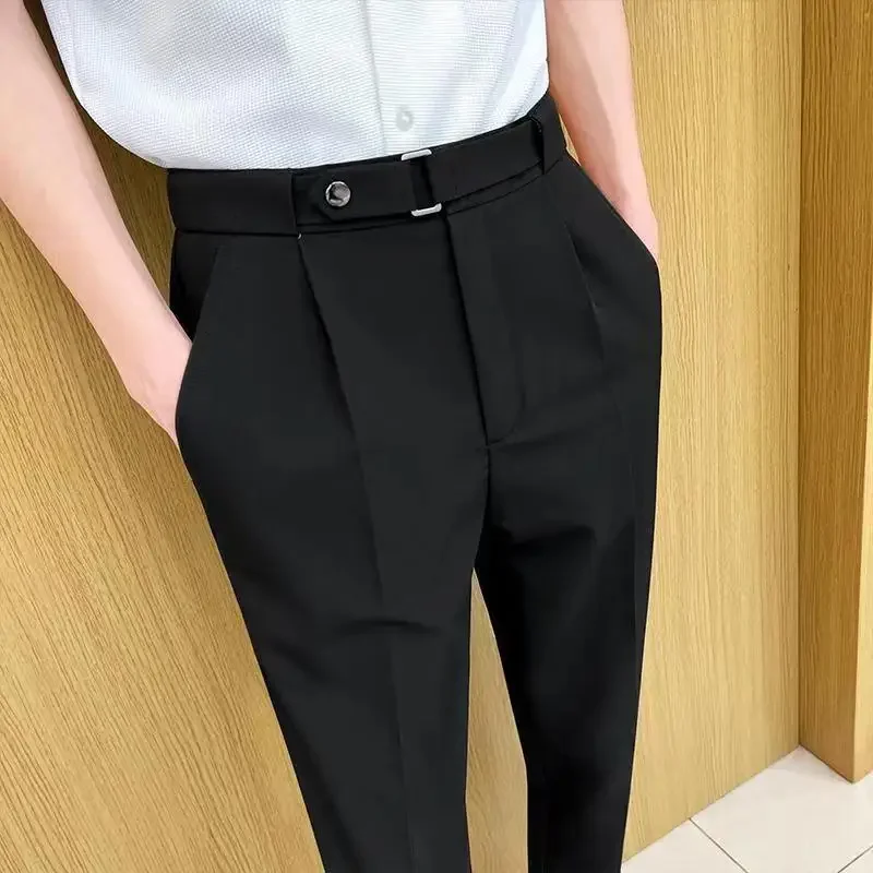 Draped with Belt Man Suits Pants Gray Fluid Trousers for Men Elegant Work Wear Fashion Vintage New in Slacks Tailoring Fabric Up