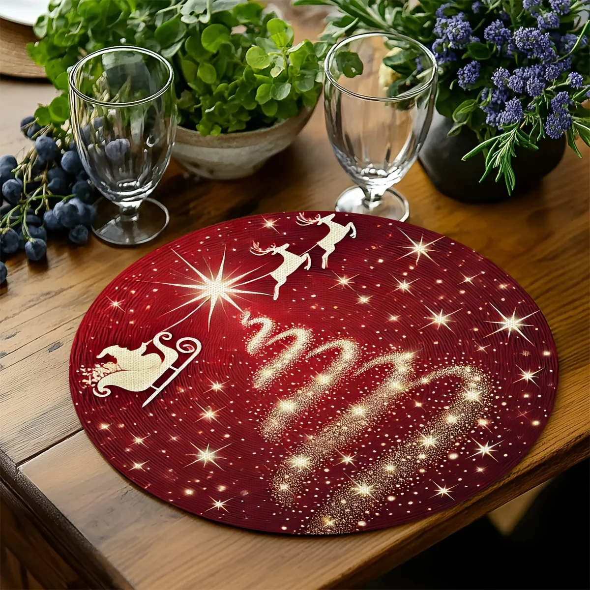 VIKAMA Christmas Round Placemats Set of 4 Burgundy Gold Sleigh Reindeer Print Dinner Mats Linen Decor Heat Resistant Washable