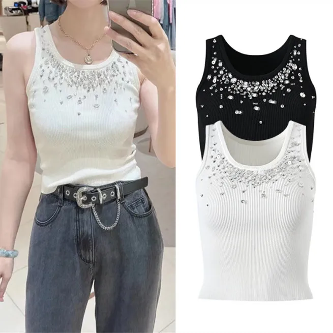 

High-End Version J-Sle Heavy-Embroidery round Ne Knitted Base irt Trendy Strap Vest Women's Faion ential Top