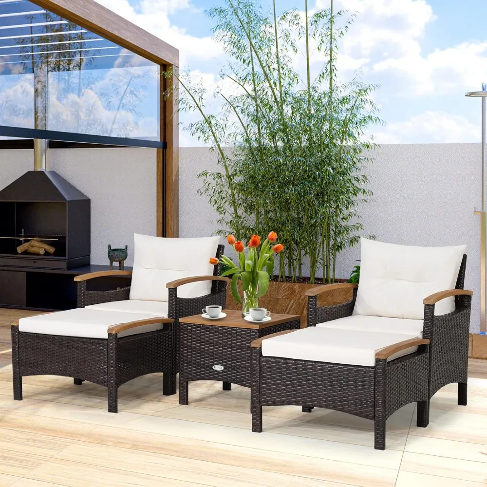 

5 Pieces Patio Furniture Set Outdoor PE Wicker Lounge Chair and Ottoman Set with Cushions and Side Table