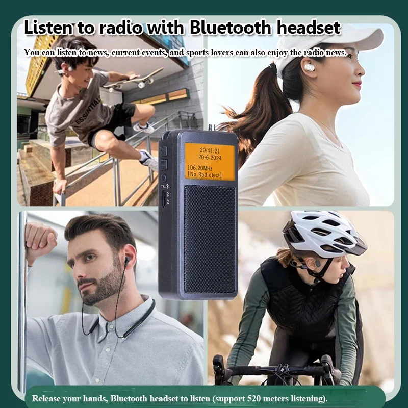 Mini portátil bluetooth rádio bolso dsp fm rádios estéreo sem fio bluetooth alto-falante com despertador backlight tela recarga