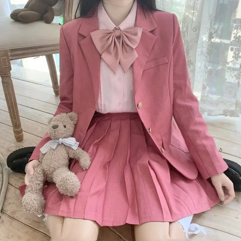 Veste japonaise à manches longues avec bouton en métal rose pour femme, mini jupe plissée, uniforme scolaire, automne, mignon, coréen