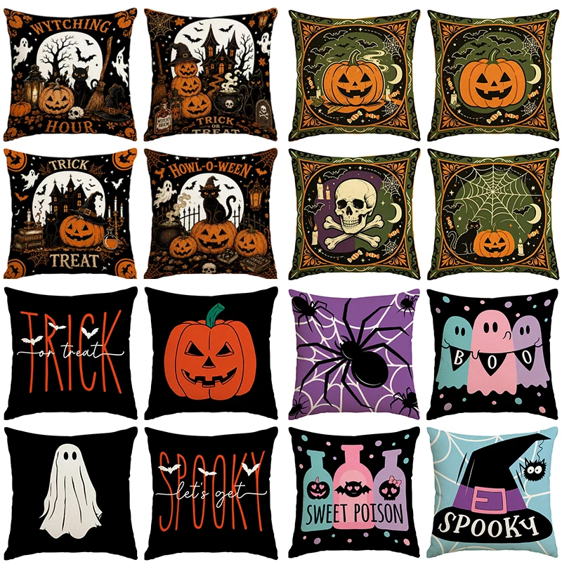 4pcs Halloween retro ghost pumpkin spider bat print pillow cover, 18x18inch single-sided cushion cover (without pillow core)