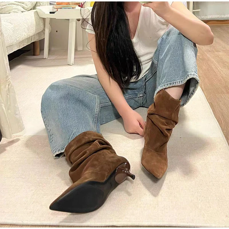 خمر جودة عالية أشار تو Vintage حذاء بوت بطول الكاحل مثير رقيقة منخفضة الكعب المرأة الدافئة مطوي حذاء من الجلد الانزلاق على أحذية الحفلات كاوبوي #4