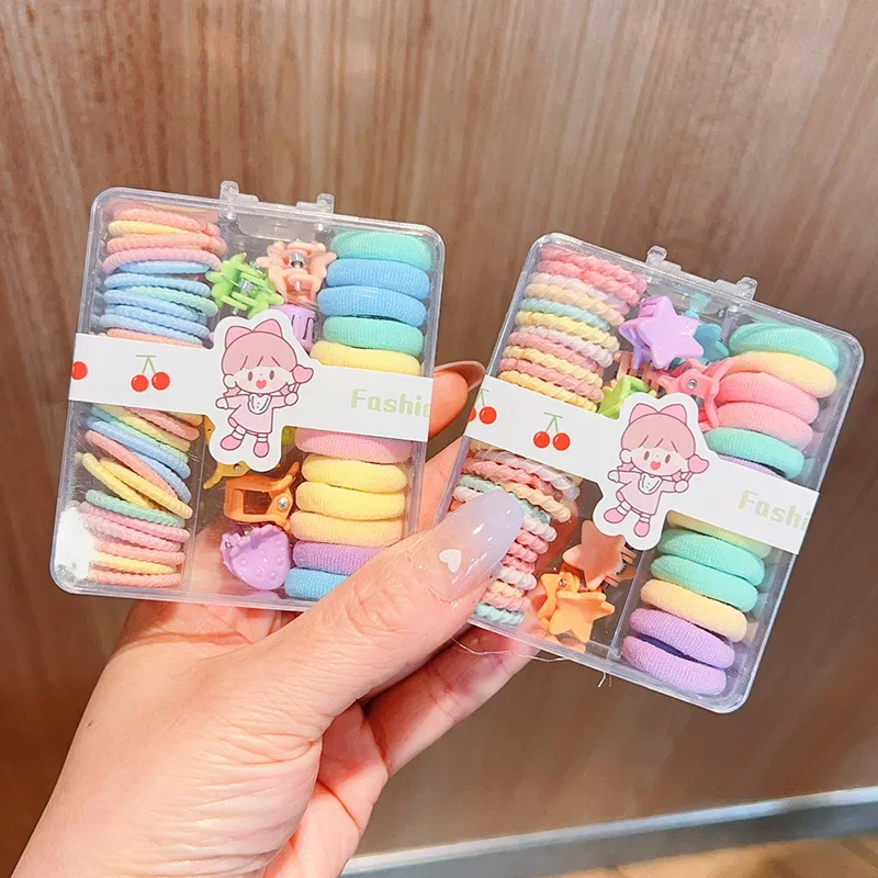 New Cute Box Set Children\'s New High Elasticity Elastic Band Candy Color Hair Tie Clip Hair Clip Rope Princess Accessories