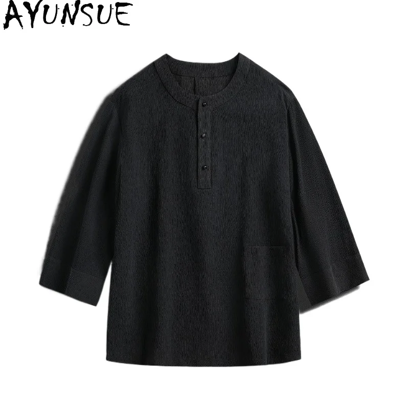 

AYUNSUE 100%Real Mulberry Silk T Shirts for Man High Quality Summer Top Three-quarter Sleeves Retro O-neck Casual Pullover Shirt