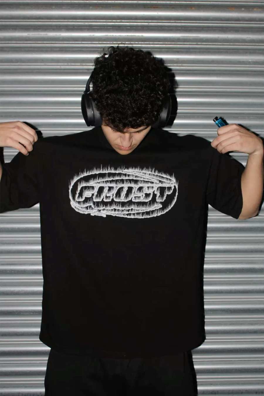Frost Flame Letter T-shirt Unisex White Distorted Flame Font Front Print Oversized Black Cotton Short Sleeve Tee Y2K Streetwear