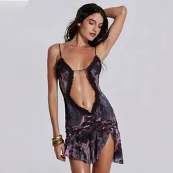 Gtpdpllt Sexy Sheer Mesh Dress Frilly Halter Slit Mini Dresses For Women Y2k Coquette Summer Clothes 2024 Club Wear Rave Outfits