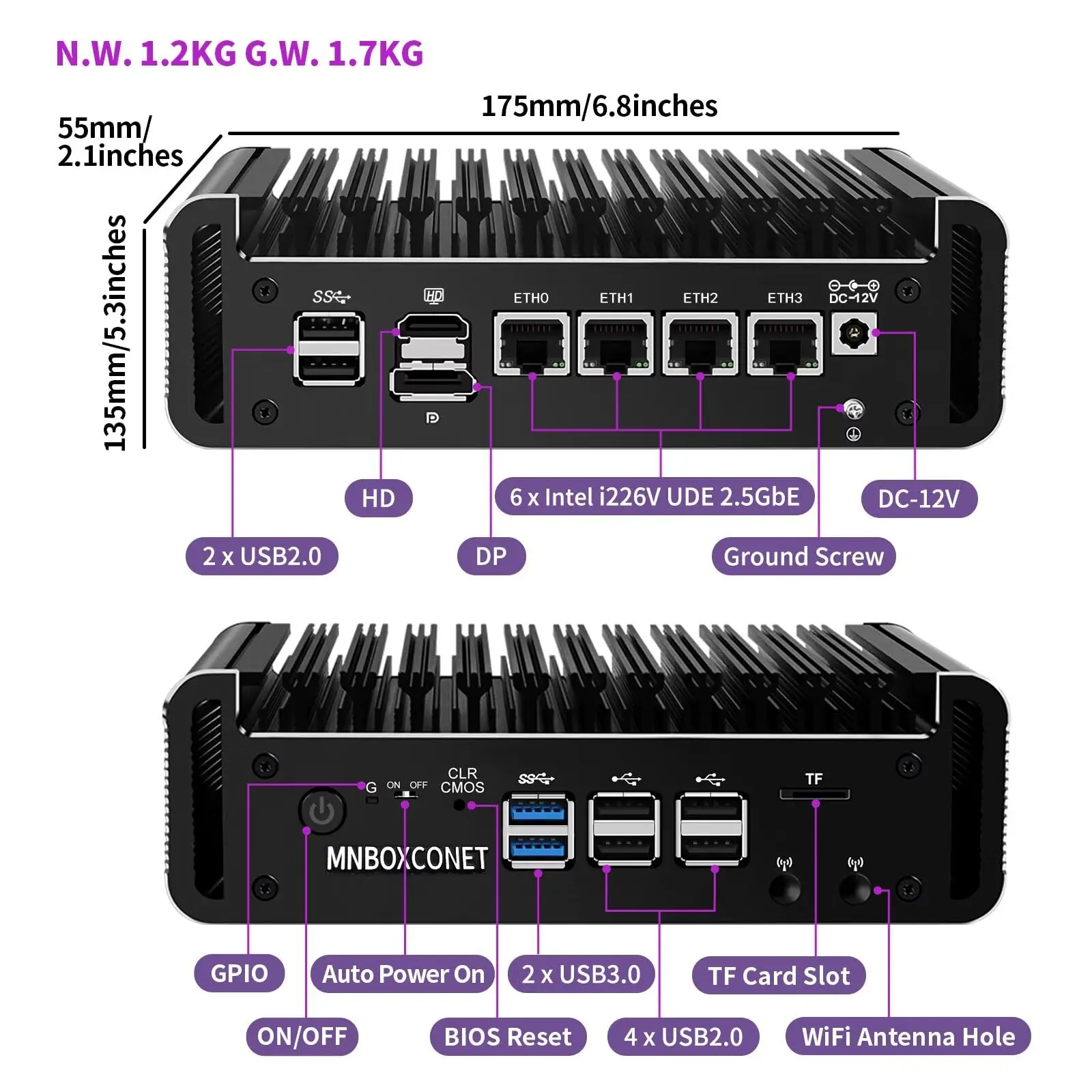 جهاز كمبيوتر صغير MNBOXCONET Firewall N100، كمبيوتر صغير بدون مروحة 4 × 2.5 جيجا بايت I226-V LAN، Barebone NO RAM NO SSD، Windows 11 Pro