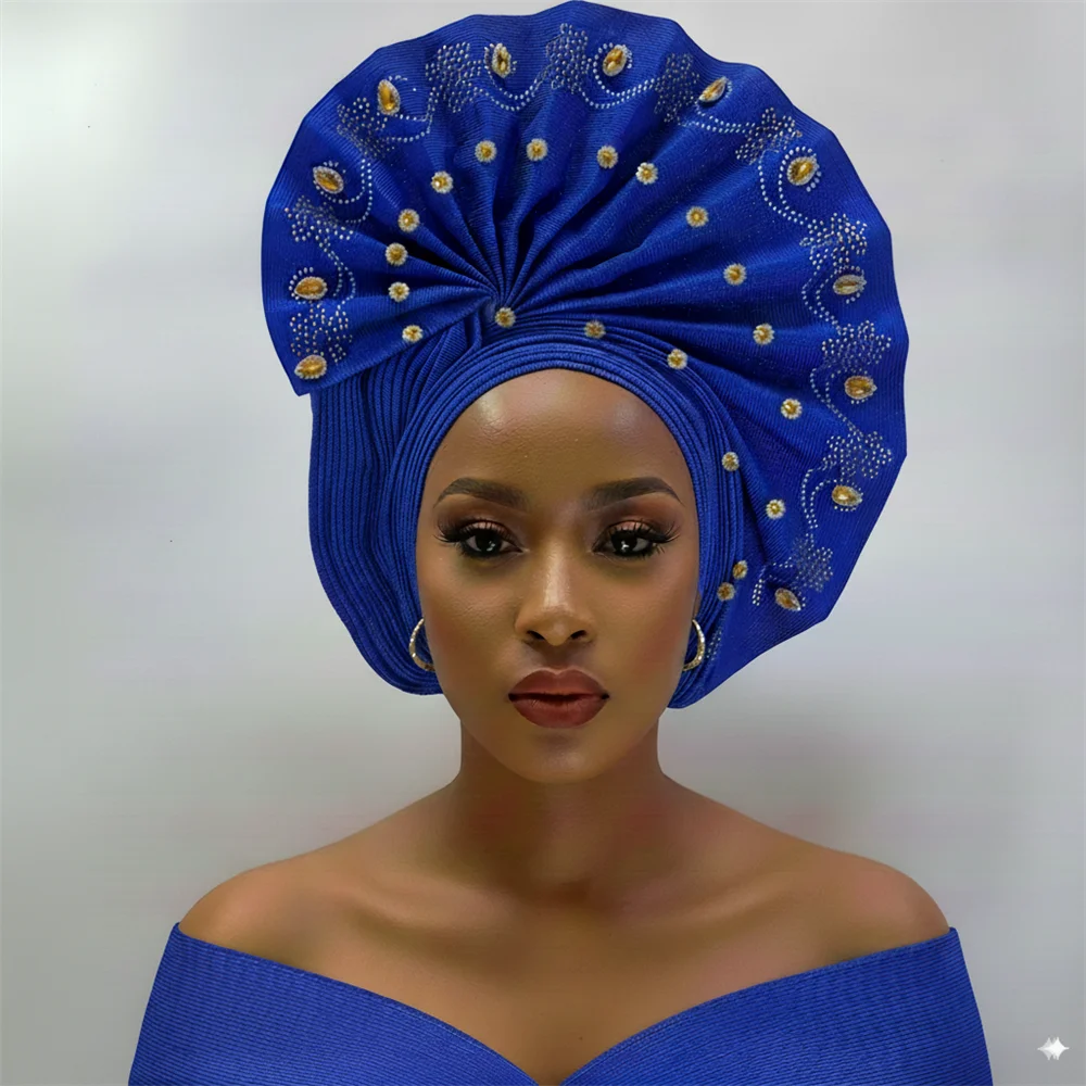 

Royal Blue Headtie African Already Made Sego Headtie Gele Headwear With Stone Women's Turbans Wraps