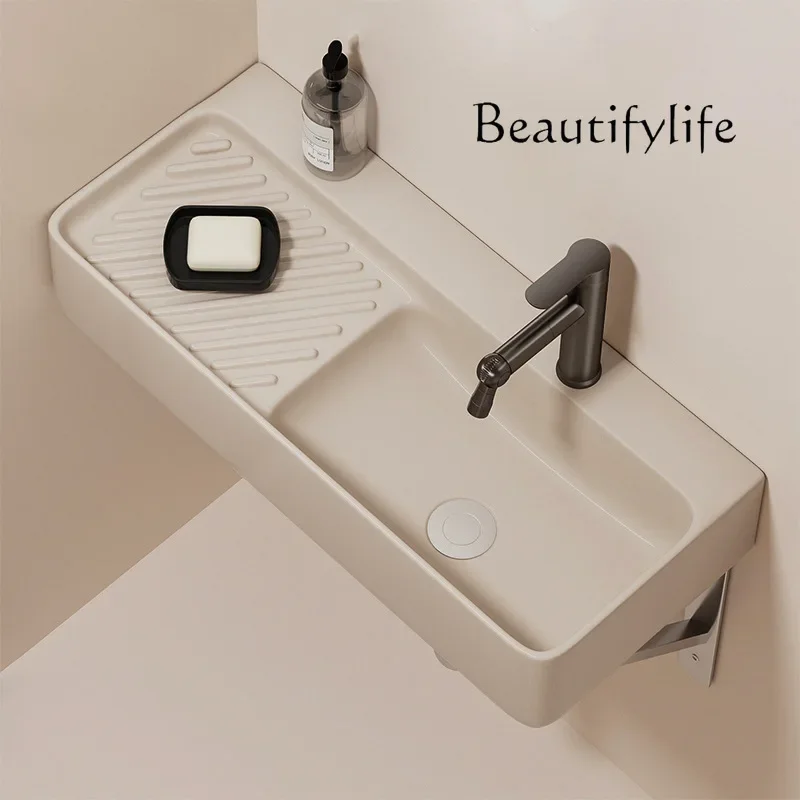 N69 Small apartment extended narrow side wall-mounted ceramic wash basin cream wind wash basin balcony laundry simple hanging ba