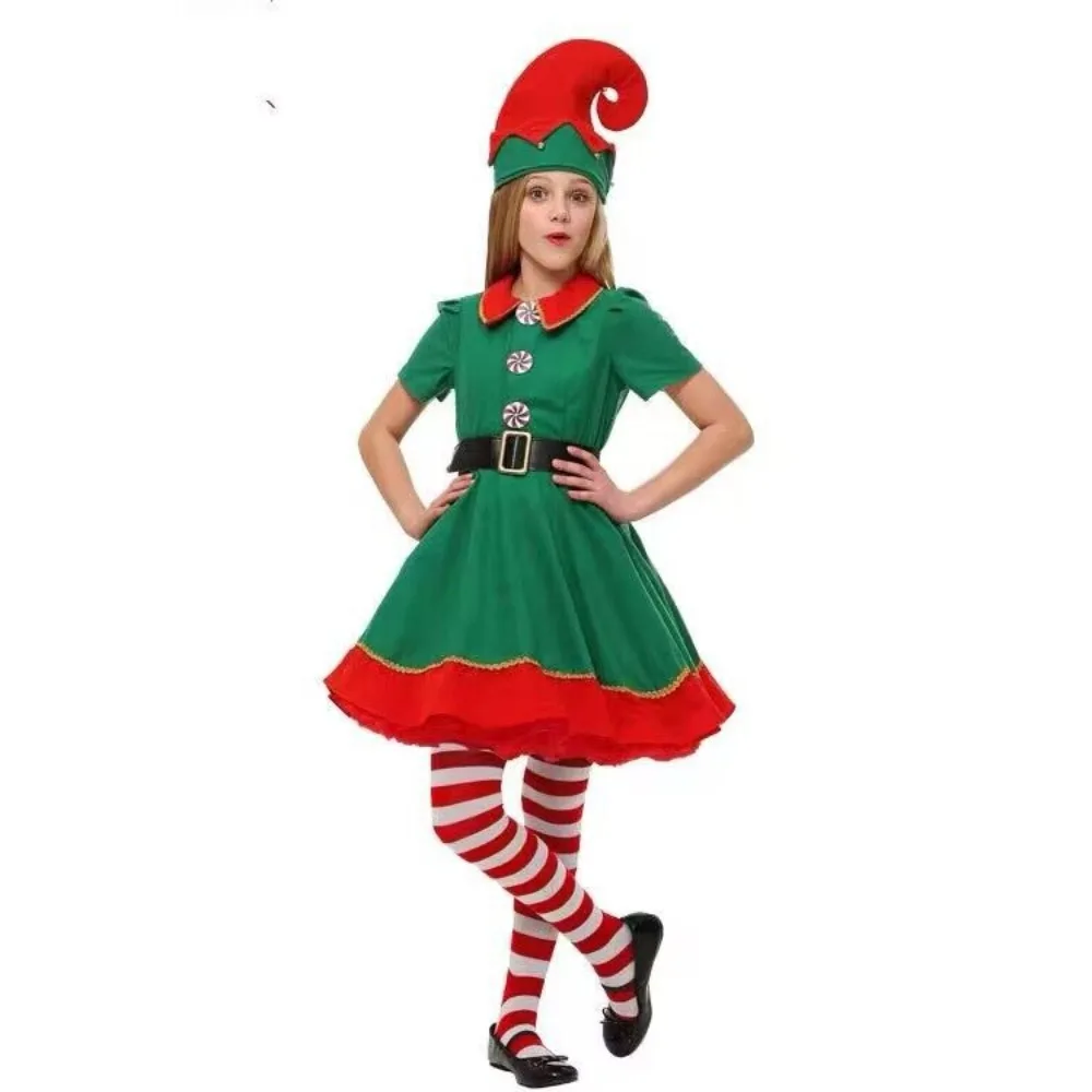 New Year 2024 Christmas Elf Costume Kid Adult Green Family Matching Outfits Xmas Suit Parent-Child Cosplay Clothing