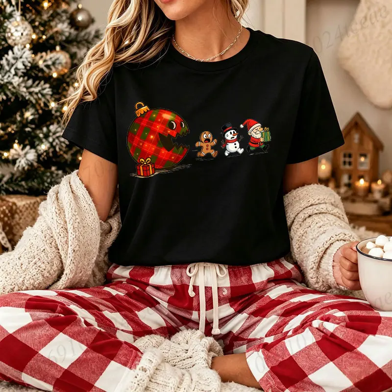 Ladies Christmas Cartoon Print T‑shirt Funny Monster Santa Claus Graphic Tees T-Shirts Women Casual Party Xmas Gift Tops