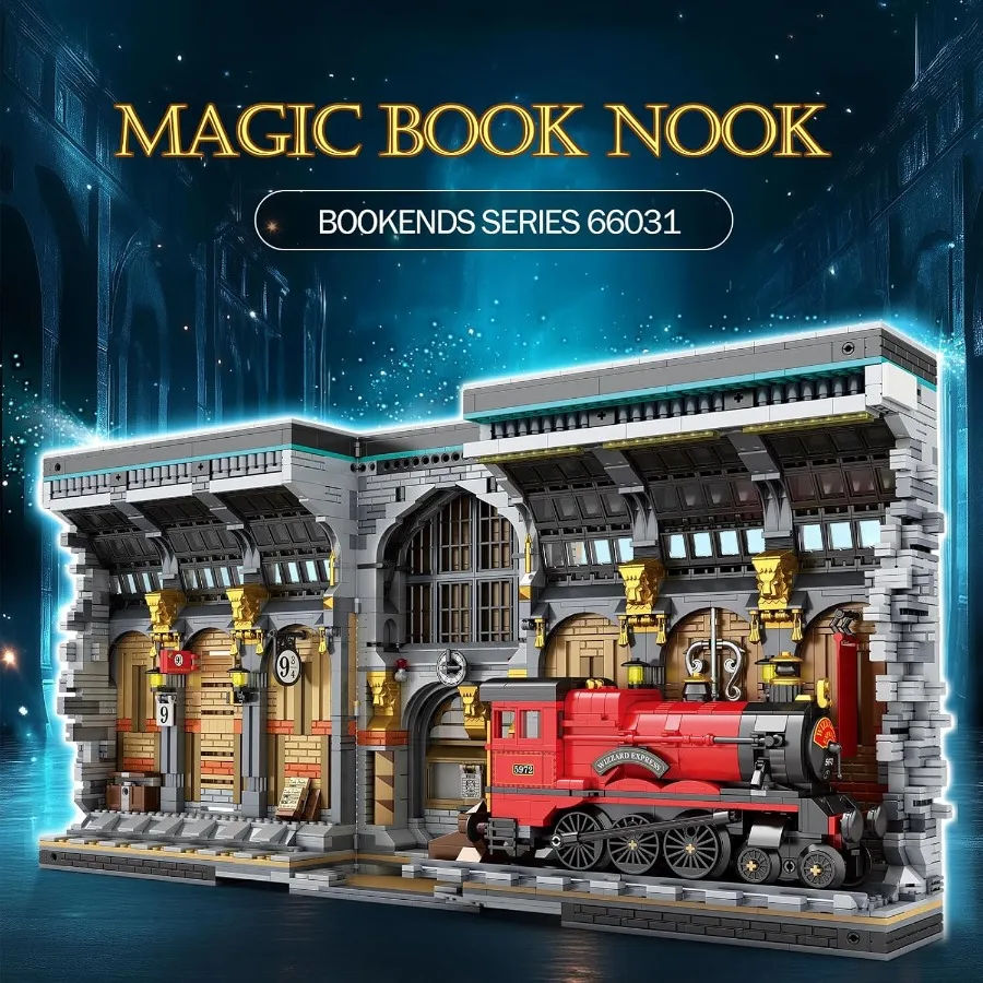 Juego de construcción de libros de tren mágico con luces, Kit de construcción de sujetalibros creativos, estantería, decoración del hogar, 2795 Uds., modo de rincón de libros, 66031