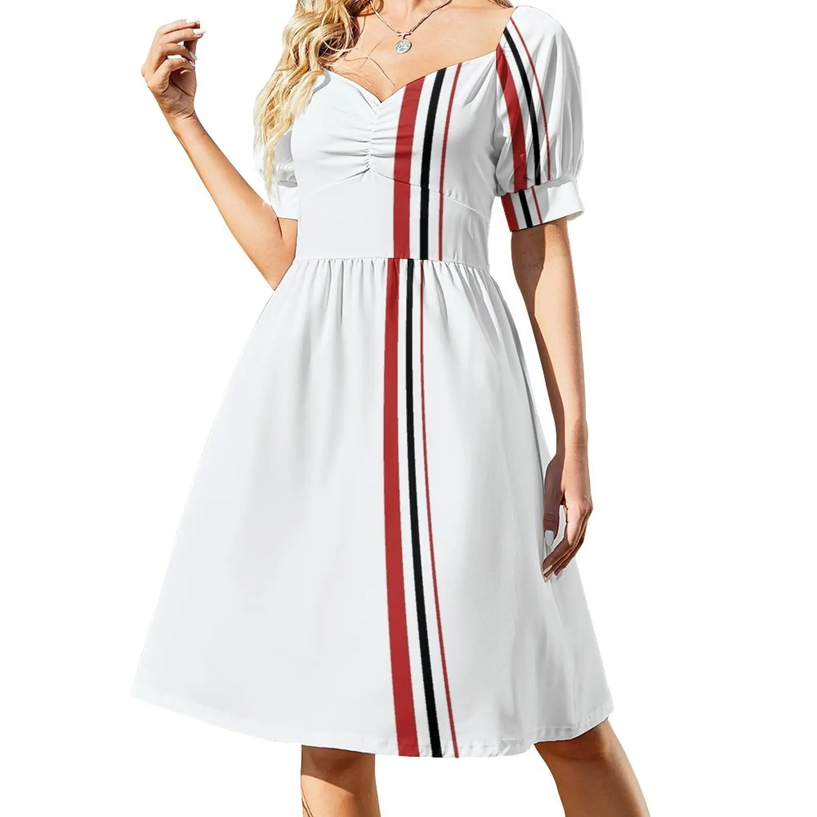 

Red and black vertical lines, very 60's! Sleeveless Dress women's clothing trend 2023 elegant guest wedding dress luxury dress