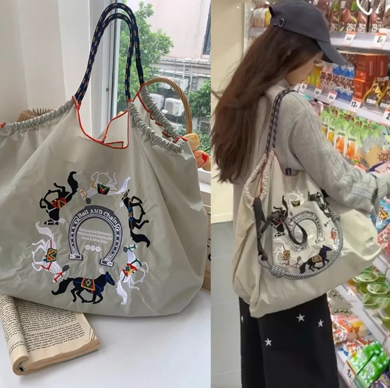 

Sweet Donut Embroidered Work ToteCanvas Shoulder Bag High Capacity Reusable Nylon Bag Eco-Friendly Commuter Essential