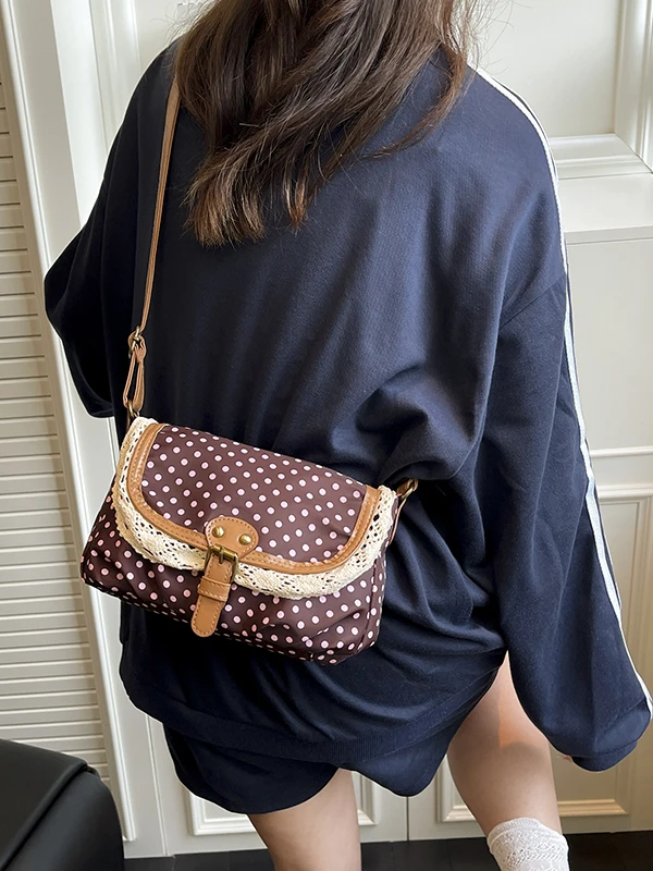 Retro Polka Dot Lace Trim Canvas Single Shoulder Bag Stylish Crossbody Bag for Young Women Commuter Style Zipper Closure