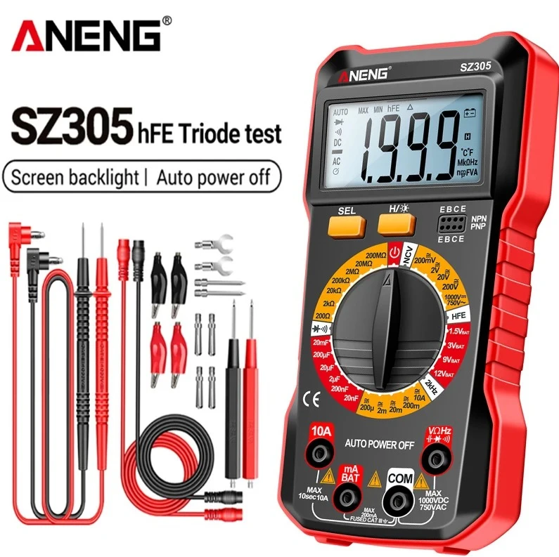 

Цифровой мультиметр ANENG SZ305: профессиональный измеритель напряжения AC/DC, амперметр, измеритель емкости, тестер hFE, триодный тестер, индукционный тестер напряжения NCV, тестер для электриков.