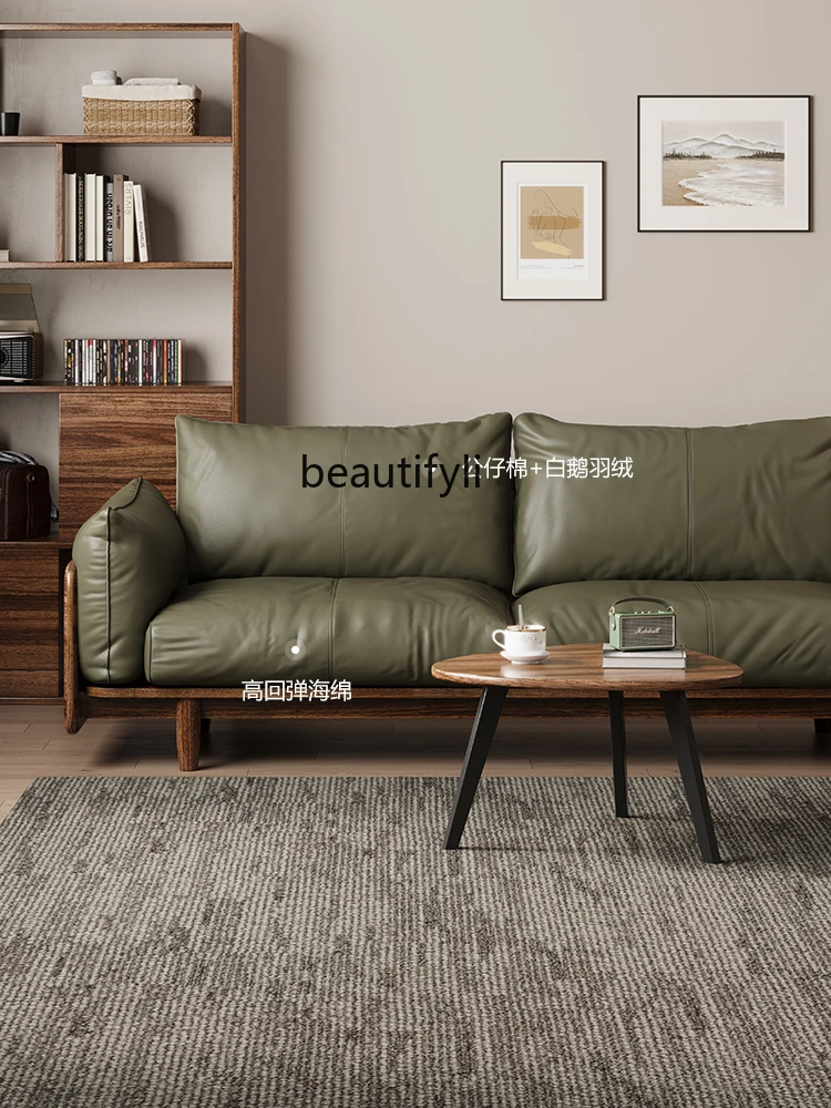 S132 New Chinese style ebony wood leather sofa first layer cowhide modern three-person straight row all solid wood sofa