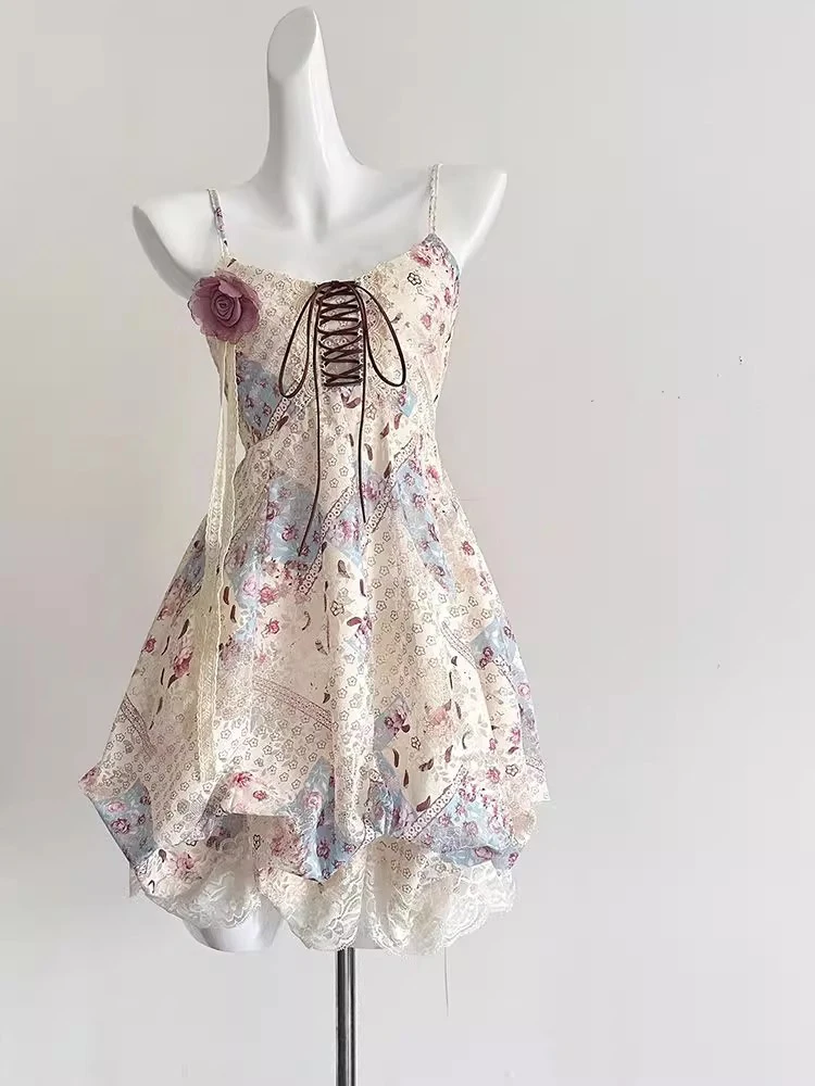 Impressão floral dr feminino verão 2025 novo sle renda emenda rosa gravata cinta dres ele saia linha a fibra de poliéster