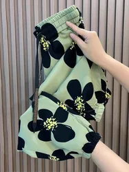 Loose Casual Print Pants Wide-leg High Waist Drape Cropped Pants Women All Match Aesthetic Fashion Trousers Female