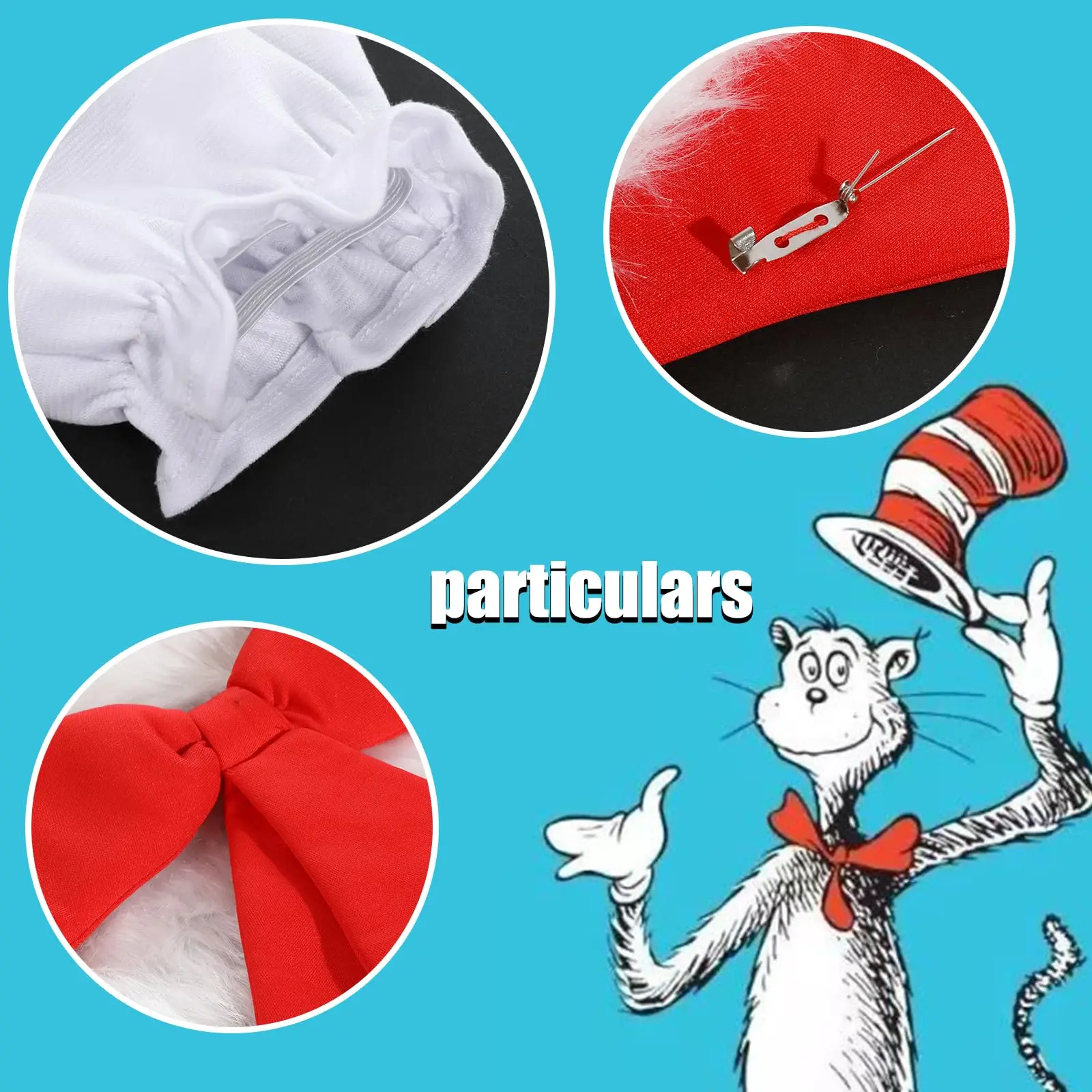 ชุดหมวกแมวสำหรับผู้ใหญ่ หมวกทรงสูงลายทางสีแดงขาว พร้อมโบว์ผูกคอขนฟูและถุงมือ สำหรับวันโลกแห่งหนังสือ ปาร์ตี้ฮาโลวีน และงานแต่งกายแฟนซี