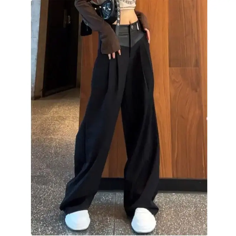 

Women's High Waist Button Patchwork Wide Leg Spring and Autumn New Korean Commute Solid Color Ruched Loose Straight Casual Pants